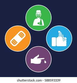 injury icons set. Set of 4 injury filled icons such as bandage, man with broken arm