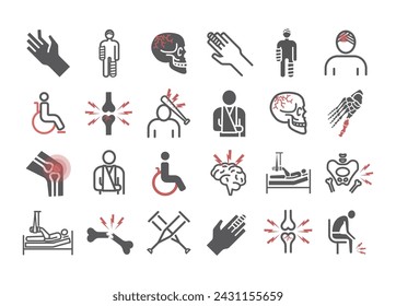 Injury icons set. Bone fractures symbols. Infographic. Vector signs for web graphics.