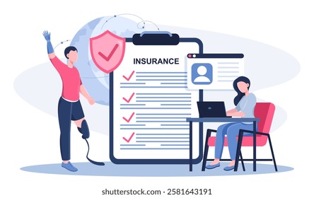 Injury insurance concept. Man with dentures and woman with laptop near contract. Financial deals and transactions. Health protection and treatment in case of accidents. Flat vector illustration