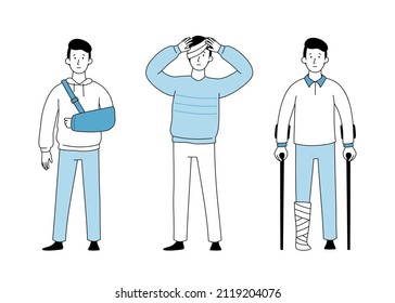 Injury man with accident leg bone, bandage arm, head. Outline doodle style injured character. Sick patient person. Vector illustration.