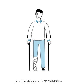 Injury man with accident leg bone and orthopedic crutch. Outline doodle style injured character. Sick patient person. Vector illustration.