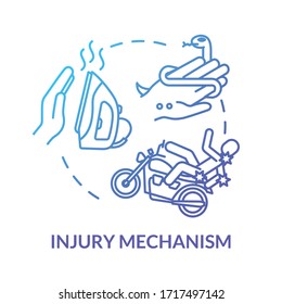 Icono conceptual del mecanismo de lesiones y factores de accidente. Fuego de hierro y accidente vial, snakebite y trauma de motocicleta ilustración delgada. Dibujo de color RGB con contorno aislado del vector