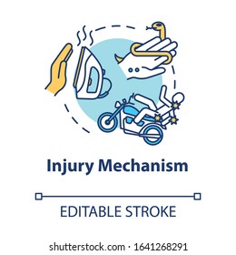 Injury mechanism, trauma factors concept icon. Traumatism, iron burn and traffic accident, snakebite thin line illustration. Vector isolated outline RGB color drawing. Editable stroke