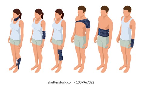 Injury neck, shoulder, arm, leg, back, osteoporosis. Immobilizer. Rehabilitation after trauma. Orthopedics and medicine. Isometric Vector illustration