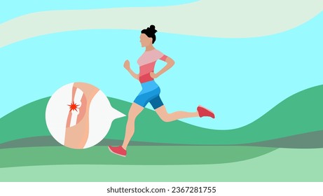 An injury and pain afflicting the knee are depicted in this flat vector stock illustration, portraying a person grappling with inflammation or arthritis in the leg