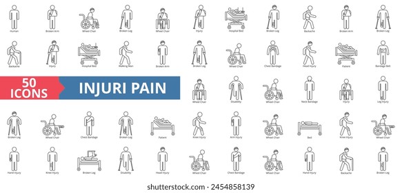 Injury pain icon collection set. Containing human, broken arm, wheel chair, leg, hospital bed, walking man, patient icon. Simple line vector.