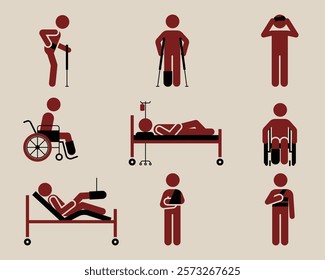 Injury pain icon collection set. Containing human, broken arm, wheel chair, leg, hospital bed, walking man, patient bed, patient icon. Simple vector.