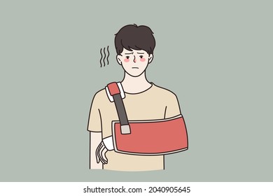 Injury And Physical Problem Concept. Young Sad Frustrated Man Cartoon Character Standing With Injured Arm Feeling Unhappy Vector Illustration 