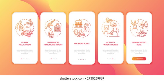 Injury place and producing factors onboarding mobile app page screen with concepts. Trauma causes walkthrough 5 steps graphic instructions. UI vector template with RGB color illustrations