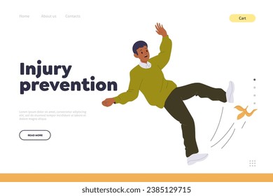Injury prevention landing page template with young man falling down slipping on banana peel