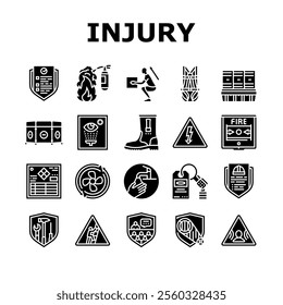 injury prevention safety icons set vector. protection exercise, stretching, warmup gear, technique, balance, posture injury prevention safety glyph pictogram Illustrations