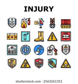 injury prevention safety icons set vector. protection exercise, stretching, warmup gear, technique, balance, posture injury prevention safety color line illustrations