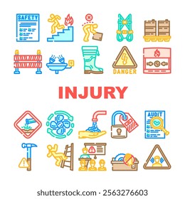 injury prevention safety icons set vector. protection exercise, stretching warmup, gear technique, balance posture, hydration injury prevention safety color line illustrations