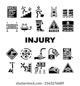 injury prevention safety icons set vector. protection exercise, stretching warmup, gear technique, balance posture, hydration injury prevention safety glyph pictogram Illustrations