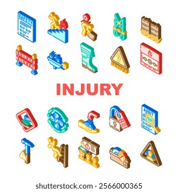 injury prevention safety icons set vector. protection exercise, stretching warmup, gear technique, balance posture, hydration injury prevention safety isometric sign illustrations