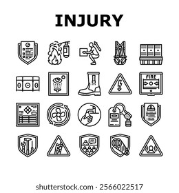 injury prevention safety icons set vector. protection exercise, stretching, warmup gear, technique, balance, posture injury prevention safety black contour illustrations