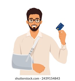 Injury problem concept. Bearded man with broken arm using credit card to cover emergency medical costs. Flat Vector Illustration Isolated on White Background