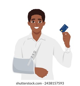 Injury problem concept. Black man with broken arm using credit card to cover emergency medical costs. Flat Vector Illustration Isolated on White Background