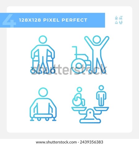 Injury recovery gradient linear vector icons set. Equality and diversity. Leg amputation, physiotherapy treatment. Thin line contour symbol designs bundle. Isolated outline illustrations collection