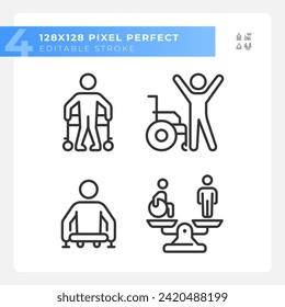 Injury recovery linear icons set. Equality and diversity. Leg amputation, physiotherapy treatment. Customizable thin line symbols. Isolated vector outline illustrations. Editable stroke