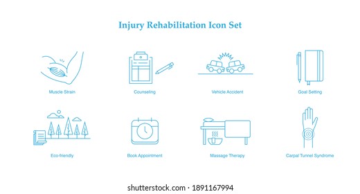 Rehabilitación de lesiones vectorial monolina icono conjunto cepa muscular, consejería, accidente automovilístico, seguro, fijación de objetivos, periodismo, eco-friendly, terapia de masaje, síndrome del túnel carpiano