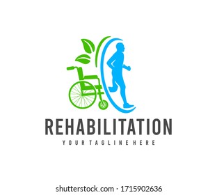 Injury rehabilitation, wheelchair and healthy person, logo design. Medical, healthcare and traumatology, vector design and illustration