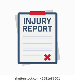 Injury report form. Workplace, sport. Clipboard with paper, text and bandages. Vector illustration.