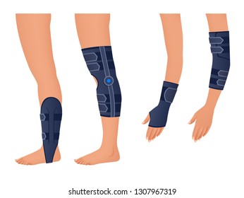 Injury shoulder, arm, leg, back, osteoporosis. Immobilizer. Rehabilitation after trauma. Orthopedics and medicine. Isometric Vector illustration