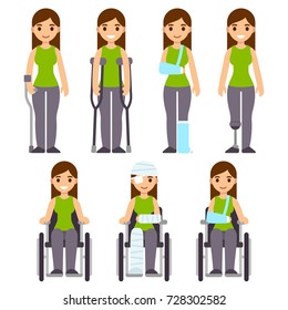 Injury and trauma cartoon woman set. Character with crutches and cast, bandages and wheelchair. Hospital and rehabilitation vector illustration.