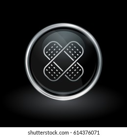 Injury treatment symbol with bandage icon inside round chrome silver and black button emblem on black background. Vector illustration.