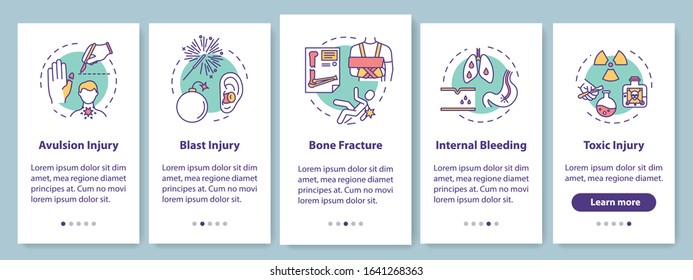 Injury types onboarding mobile app page screen with concepts. Avulsion and blast, fracture and intoxication walkthrough 5 steps graphic instructions. UI vector template with RGB color illustrations