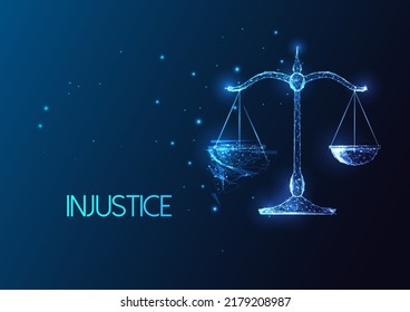 Injustice, broken law concept with broken scales symbol in futuristic glowing style on dark blue