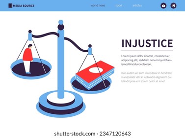 Injustice and Judgment - colorful flat design style banner with linear elements. Composition with bowl of scales with man and cash money. Bribery and criminal financial transactions idea