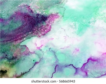 Ink abstract background. Violet, green, blue colors. Vector illustration. Hand painting. Sky, space, shine.