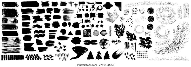 Blobs abstratos de tinta definidos. Pintar formas e padrão do pincel. Ilustração do vetor de esboço.