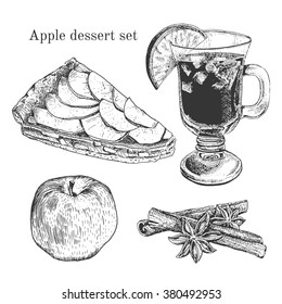 Ink apple dessert set with apples, cinnamon, vanilla 