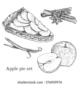 Ink apple pie set with apples, cinnamon, vanilla 
