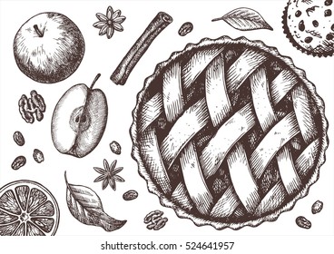 Ink apple pie set with apples, cinnamon, raisins