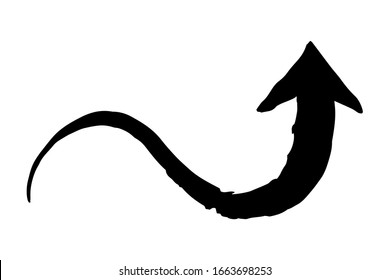 Ink arrow curled symbol hand painted with brush in swoosh whimsical style, isolated on white background. Vector illustration