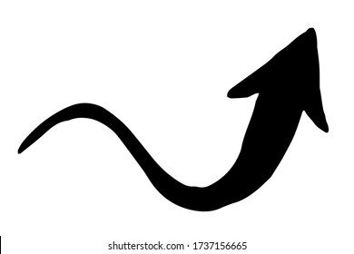 Ink arrow curled symbol hand painted with brush in swoosh whimsical style, isolated on white background. Vector illustration