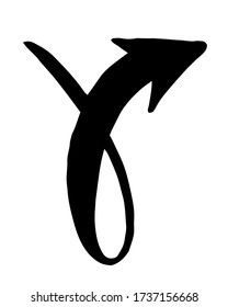 Ink arrow curled symbol hand painted with brush in swoosh whimsical style, isolated on white background. Vector illustration