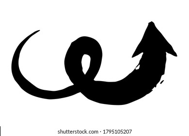 Ink arrow curled symbol hand painted with brush in swoosh whimsical style, isolated on white background. Vector illustration