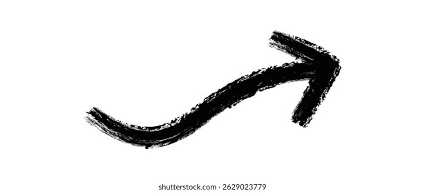 Ink arrow curled symbol hand painted with brush. Arrow drawn with black marker on white background.