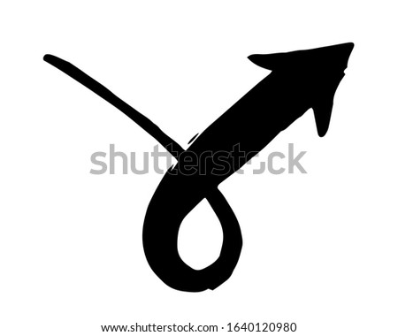 Ink arrow curled symbol hand painted with brush in swoosh whimsical style, isolated on white background. Vector illustration
