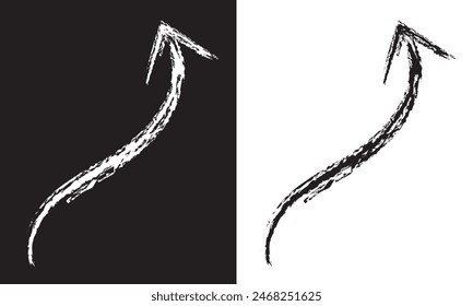 Ink arrow illustration isolated. Grunge arrow icon. Sketch curved arrow. Hand drawn arrow. isolated on white and black background. Vector illustration . EPS 10 