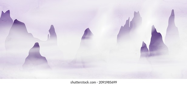 Ink art background with mountains in the fog in purple. Landscape banner in style for interior design, print, wallpaper