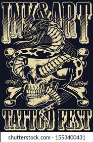 Ink And Art tattoo fest poster with crossbones and snake entwined with skull in vintage monochrome style vector illustration