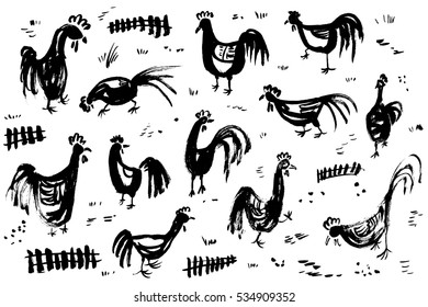 Ink artistic drawing with roosters. Set with cocks and fence in rural scene. Vector illustration in doodle incomplete style with domestic chicken birds in black and white