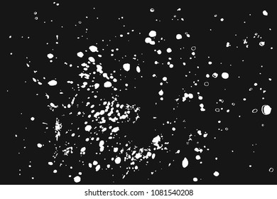 Ink background. Grunge texture. Poster for your design. White paint splashes, dirty. Hand drawing. Vector illustration, isolated on black background. Snow.