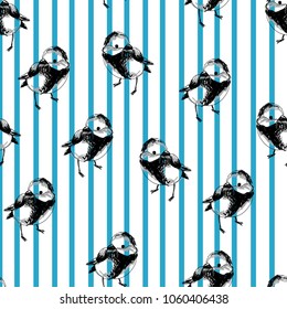 Ink Bird Pattern Seamless Vector Illustration, fabric strip, seamless pattern with tit birds